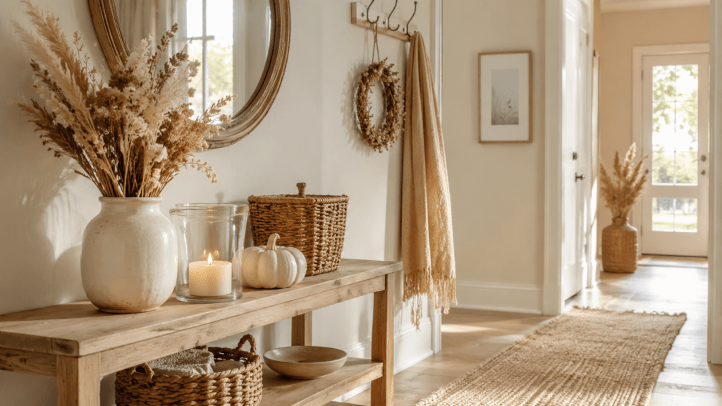 Heller Flur mit Holzkonsole, bauchiger Keramikvase voller Trockenblumen, Kerze im Glas, kleinem cremefarbenem Kürbis und geflochtenem Korb, ergänzt durch einen natürlichen Zweigkranz an der Garderobe.