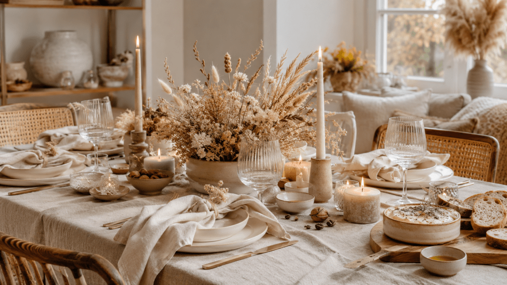 Herbstlich gedeckter Esstisch in Beige und Naturtönen mit Stoffservietten, hellem Keramikgeschirr, Kerzen, niedrigem Trockenblumenstrauß und rustikalem Ofenkäse mit Baguette.