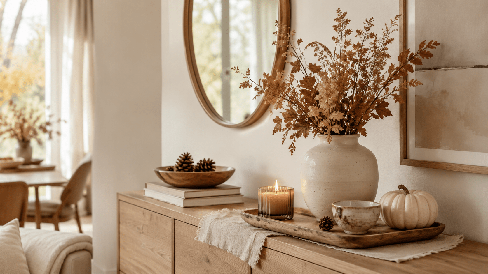 Herbstlich dekoriertes Holz Sideboard mit Holztablett, bauchiger Keramikvase, Kerze im Glas, cremefarbenem Kürbis, Zapfen und locker hervorschauendem Leinentuch in warmen Beige und Naturtönen.