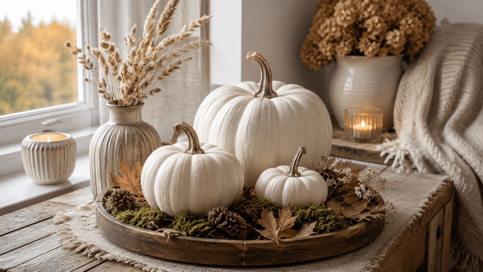 Hyperrealistische Herbstdeko in Beige und Naturtönen mit drei weißen Kürbissen in einer Holzschale, Moos, Zapfen, getrockneten Blättern, Kerzenlicht, Keramikvasen und weichen Naturtextilien am Fenster.