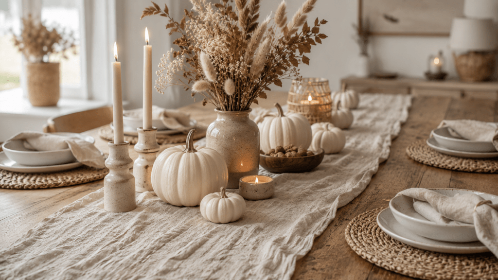 Hyperrealistische Herbstdeko in Beige und Naturtönen auf einem Holzesstisch mit leicht geknittertem Leinenläufer, weißen Kürbissen, Kerzen, Keramikvase mit Trockenblumen, geflochtenen Platzsets und natürlichem warmem Licht.