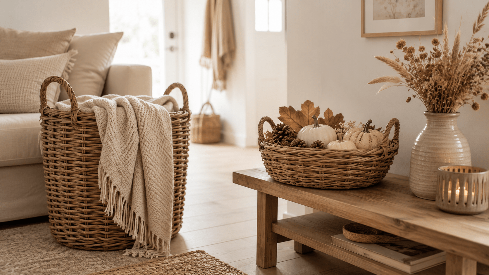 Hyperrealistische Herbstdeko in Beige und Naturtönen mit großem Rattankorb neben einem hellen Sofa, beiger Strickdecke, kleinem Korb mit weißen Kürbissen, Zapfen und getrockneten Blättern auf einer Holzbank, dazu Keramikvase mit Trockenblumen und warmes Kerzenlicht.
