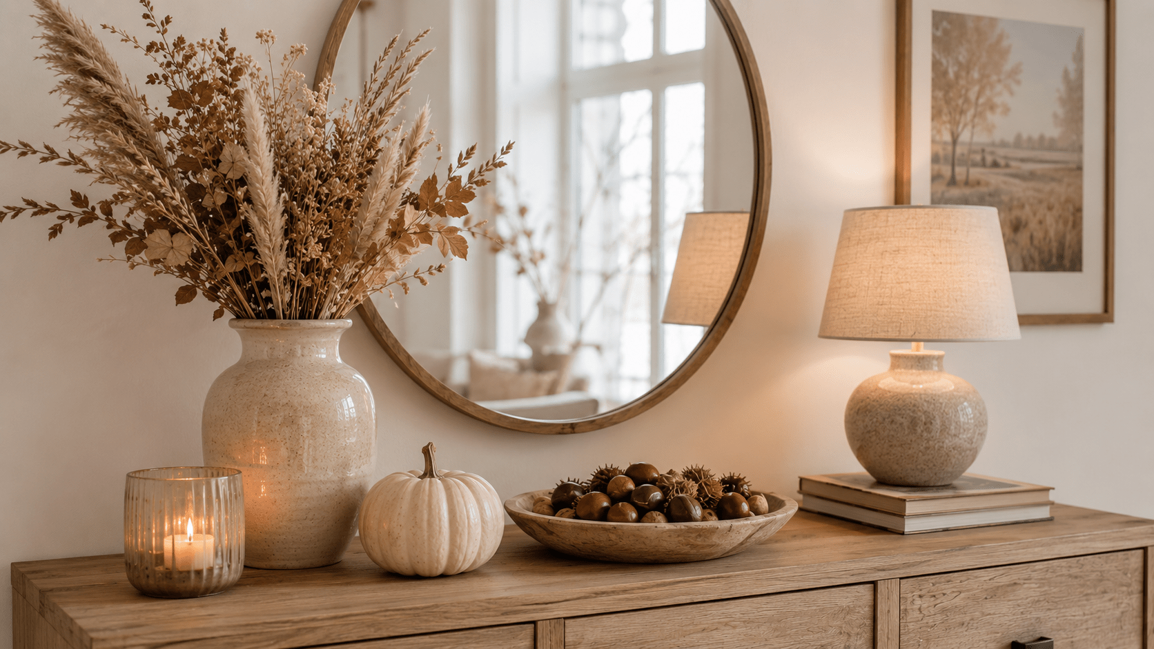 Hyperrealistische Herbstdeko in Beige und Naturtönen auf einer Holzkommode mit rundem Spiegel, hoher Keramikvase voller Trockenblumen, weißem Kürbis, Kerze im Glas, flacher Schale mit Kastanien und kleiner Tischlampe für ein ausgewogenes gemütliches Arrangement.