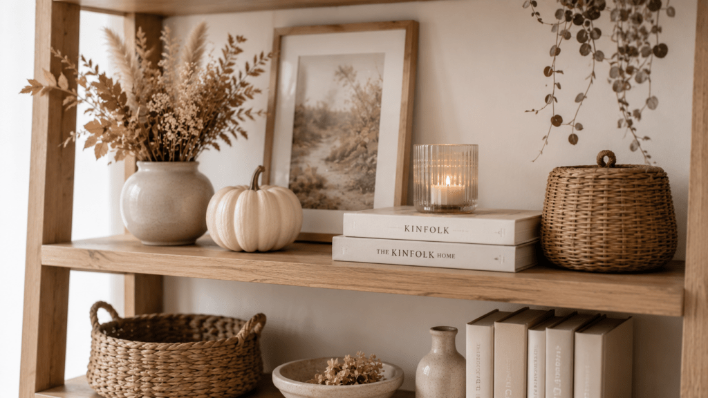 Hyperrealistische Herbstdeko in Beige und Naturtönen auf einem offenen Holzregal mit Keramikvase, Trockenblumen, hellem Kürbis, gestapelten Büchern, Kerze im Glas, kleinem Rattankorb, Schale und viel ruhiger Luft zwischen den Deko Gruppen.