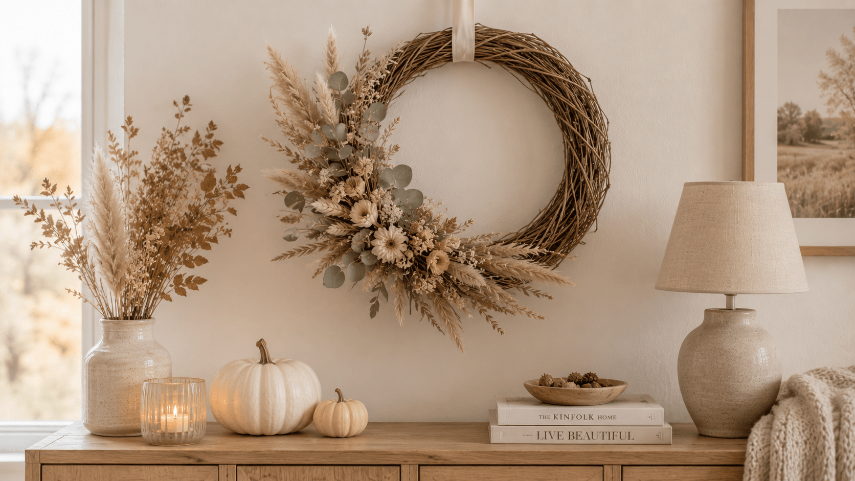Hyperrealistische Herbstdeko in Beige und Naturtönen mit schlichtem Herbstkranz aus Zweigen, Pampasgras, Trockenblumen, Eukalyptus und getrocknetem Hafer über einem Holz Sideboard, dazu Keramikvase, helle Kürbisse, Kerze, Bücher, Schale mit Zapfen und warme Tischlampe.