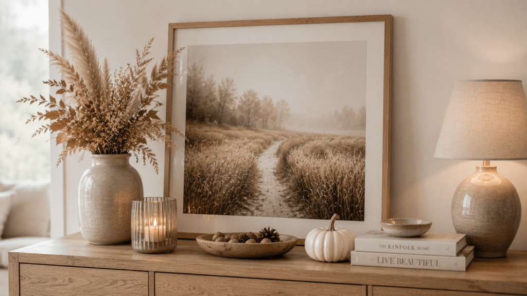 Hyperrealistische Herbstdeko in Beige und Naturtönen auf einer Holzkommode mit großem gerahmtem Naturbild in hellem Holzrahmen, Keramikvase mit Trockenblumen, Kerze im Glas, kleinem weißen Kürbis, Schale mit Zapfen und Kastanien, gestapelten Büchern und warmer Tischlampe.