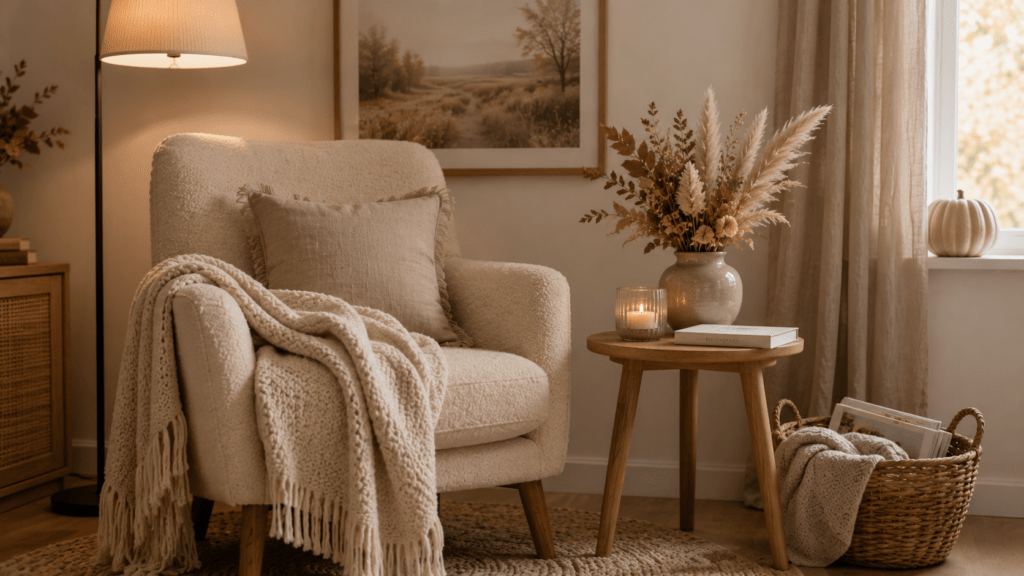 Hyperrealistische Herbstdeko in Beige und Naturtönen in einer gemütlichen Leseecke mit cremefarbenem Sessel, grober Kuscheldecke, Kissen, kleinem Holztisch, Kerze, Buch, Keramikvase mit Trockenblumen, Rattankorb mit Decke und Magazinen sowie warmem Licht am Fenster.
