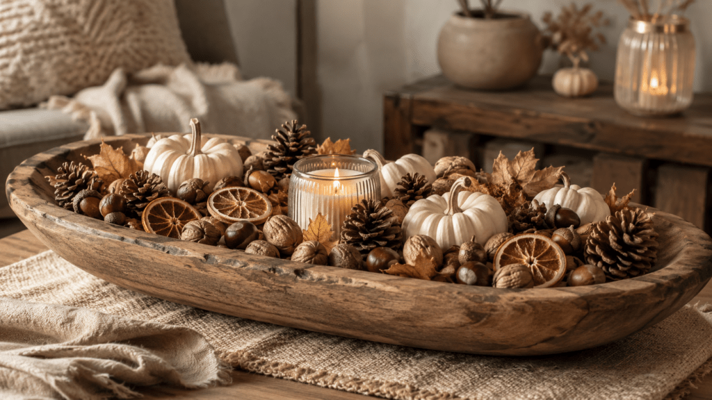 Große rustikale Holzschale auf einem Wohnzimmertisch, gefüllt mit cremefarbenen Mini Kürbissen, Zapfen, Kastanien, Eicheln, Walnüssen, getrockneten Orangenscheiben und hellen Herbstblättern, in der Mitte eine leuchtende LED Kerze, umgeben von beigen Textilien und natürlicher Herbstdeko in warmem Licht.