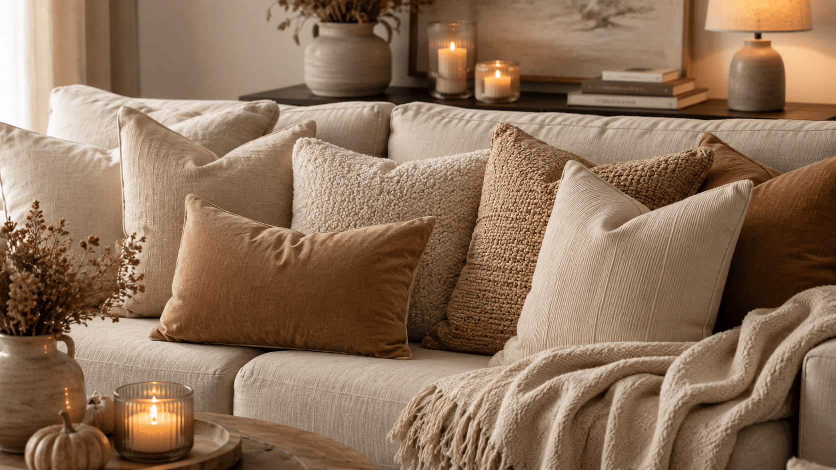 Beiges Sofa mit herbstlichen Kissenbezügen in Creme, Greige, Karamell und hellem Braun, kombiniert aus Leinen, Bouclé, Baumwolle und grober Struktur, dazu eine kuschelige Strickdecke, Kerzen, Keramikvasen, Trockenblumen und dezente Herbstdeko in einem warm beleuchteten Wohnzimmer.