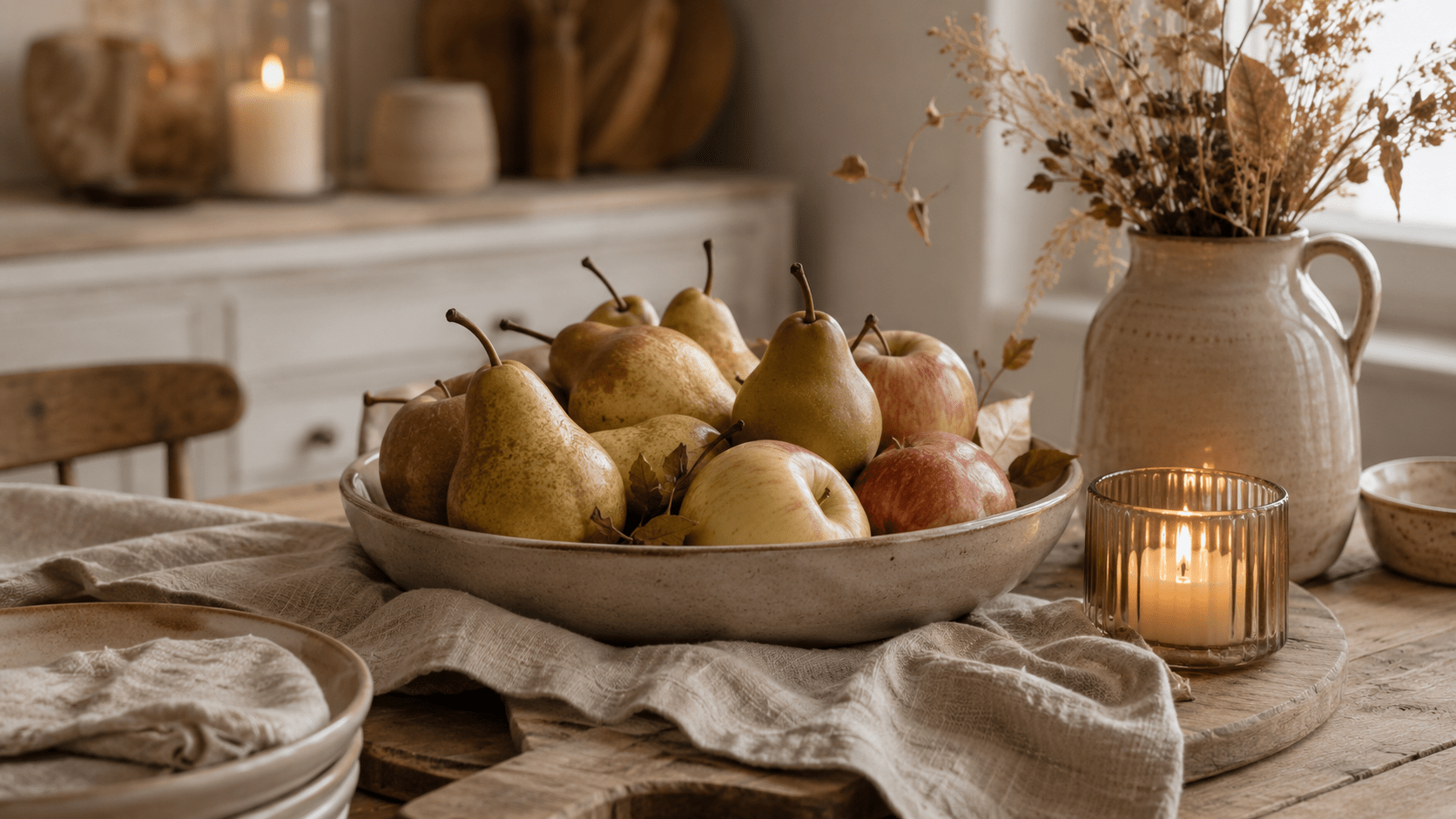 Keramikschale mit hellen Birnen, grünen und gedeckt roten Äpfeln auf einem rustikalen Holztisch, dekoriert mit beigefarbenem Leinentuch, kleiner Kerze im Glas, Trockenblumen in einer Keramikkanne und natürlicher Herbstdeko in warmen Beige und Holztönen.