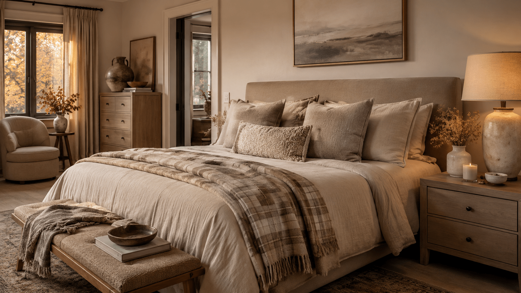 Gemütliches Schlafzimmer mit beiger Herbstdeko, hellem Bett, taupefarbenem Plaid am Fußende, Kissen aus Leinen und Bouclé, Nachttisch mit kleiner Kerze, Keramikvase mit Trockenblumen, heller Holzschale und warmem Licht in Beige, Creme und Naturtönen.