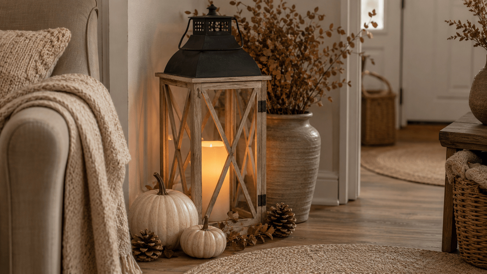 Große Holzlaterne mit schwarzem Metalldach und warmer LED Kerze auf dem Boden neben einem beigen Sofa, dekoriert mit cremefarbenen Kürbissen, Zapfen, Herbstzweigen, Keramikvase, Strickdecke und Rattankorb in einem gemütlichen Wohnbereich mit Beige, Holz und natürlichen Herbsttönen.