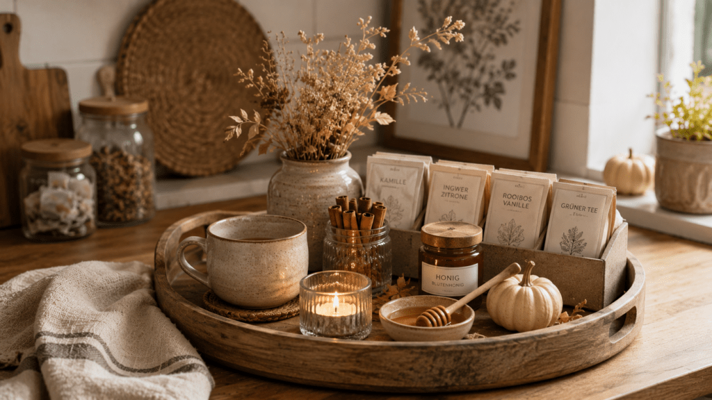 Herbstliche Teestation auf einem runden Holztablett in einer hellen Küche, dekoriert mit Keramiktasse, Teebeuteln, Glas mit Zimtstangen, Honigglas, kleiner Kerze, Mini Kürbis, Trockenblumen in einer Keramikvase und beigefarbenem Leinentuch in warmen Naturtönen.