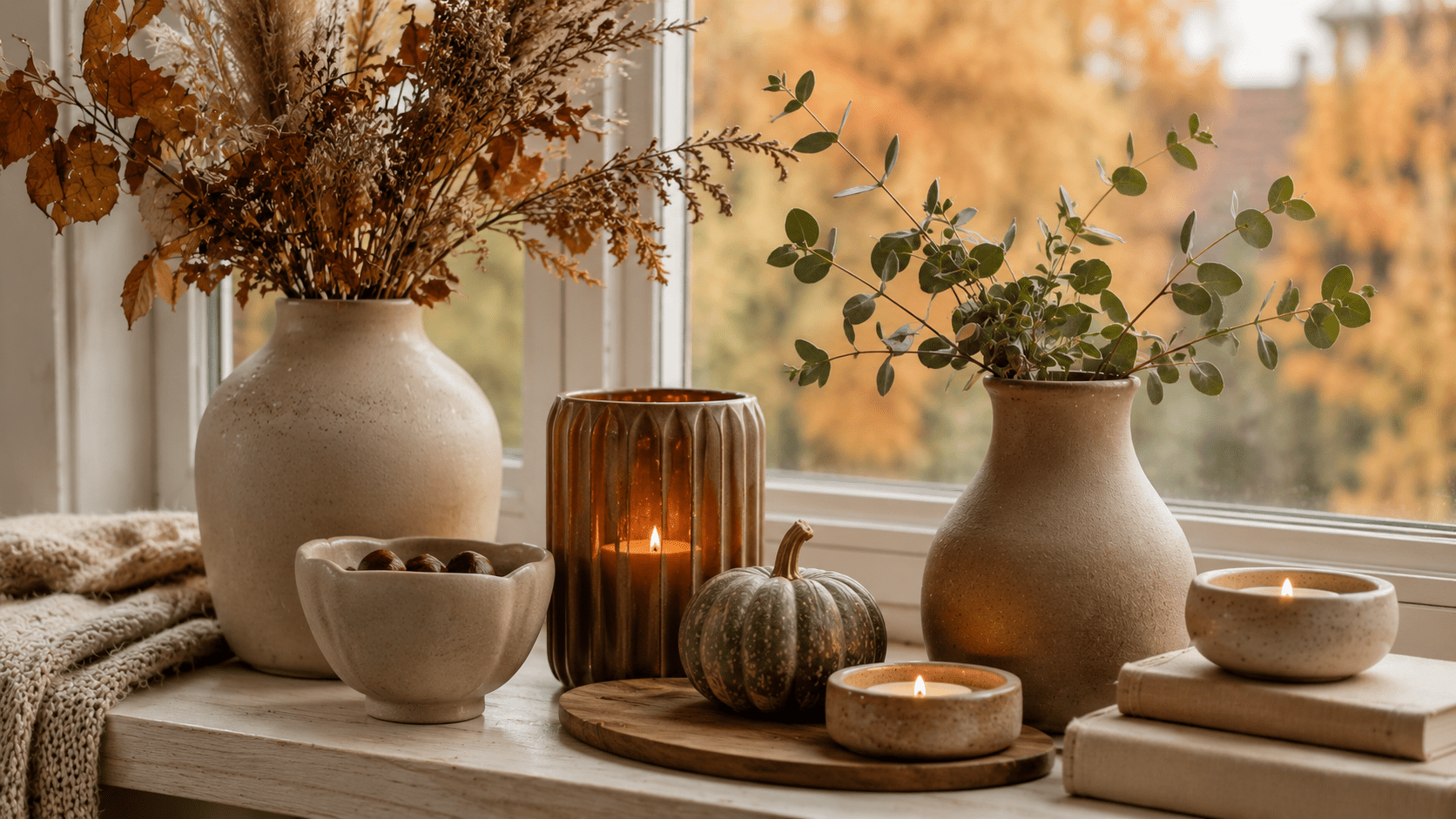 Herbstlich dekorierte Fensterbank mit matten Keramikvasen, braunem Kerzenhalter, kleiner Schale, grünem Kürbis, Trockenblumen und warmem Herbstlicht.