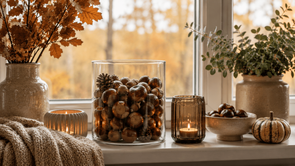 Herbstlich dekoriertes Fensterbrett mit großem Glas voller Kastanien, Eicheln und kleinen Zapfen, daneben Kerzen, Keramikschalen, Kürbis und warme Naturtöne vor unscharfem Herbstfenster.