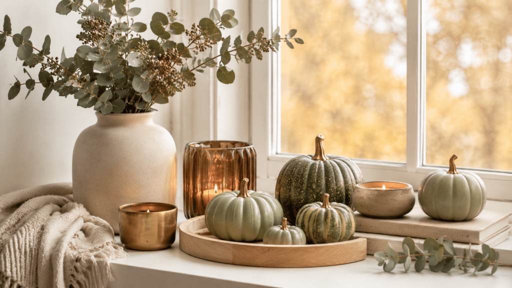 Herbstlich dekoriertes Fensterbrett mit mehreren grünen Kürbissen auf einem Holztablett, einer beigen Vase mit Eukalyptus, braunem Glas, Kerzen und warmen Naturtönen vor einem hellen Fenster.