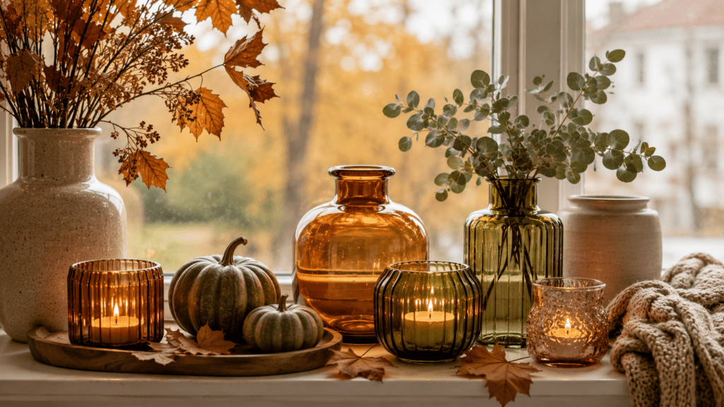 Herbstlich dekoriertes Fensterbrett mit amberfarbenem Glaswindlicht, olivgrüner Glasvase, roséfarbenem Kerzenhalter, matter Keramik, grünen Kürbissen, Eukalyptus und warmem Herbstlicht.