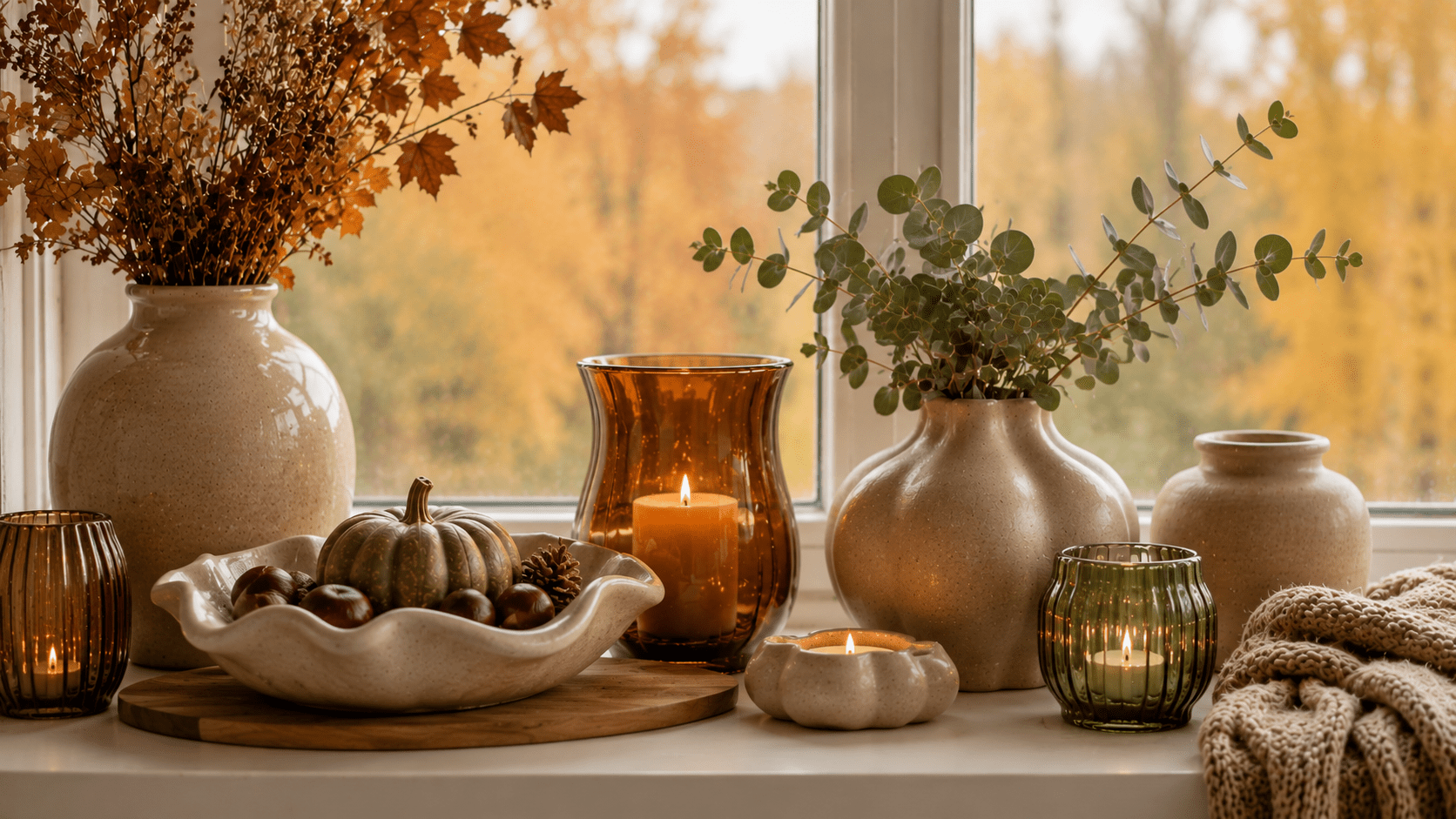 Herbstlich dekoriertes Fensterbrett mit welliger Keramikschale, bauchigen Vasen, geschwungenen Glaswindlichtern, grünem Kürbis, Kastanien, Eukalyptus und warmem Herbstlicht.