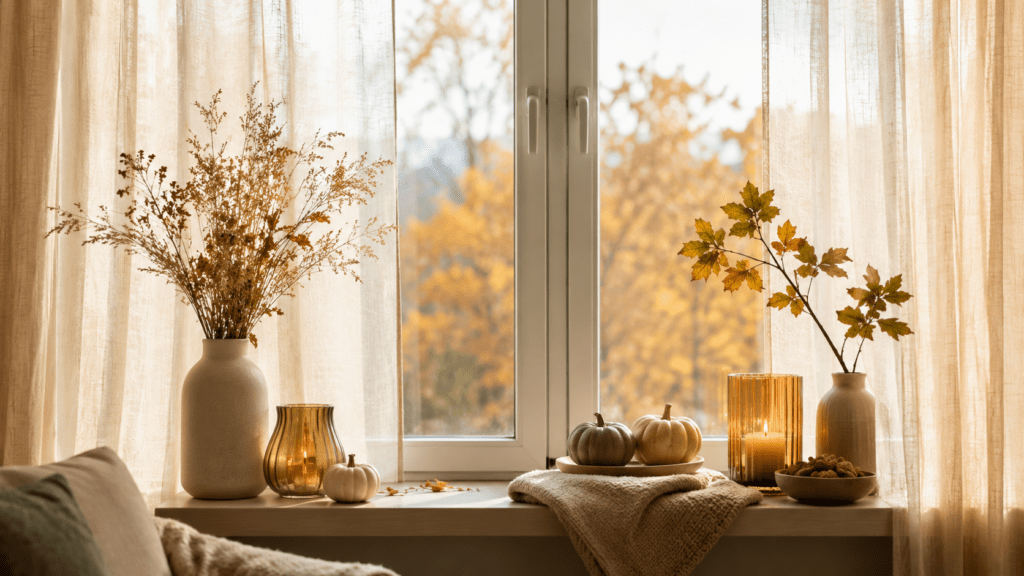 Herbstlich dekoriertes Fensterbrett mit halbtransparenten Gardinen, sanftem Tageslicht, Keramikvasen, Trockenblumen, kleinen Kürbissen, Glaswindlichtern und warmen Naturtönen.