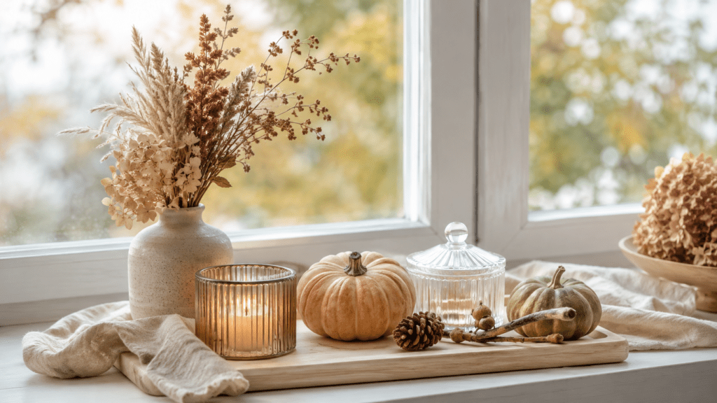 Herbstlich dekorierte Fensterbank mit hellem Holzbrett, naturfarbenem Leinentuch, Keramikvase mit Trockenblumen, Kerze, kleinen Kürbissen und Glasdose in warmen Beige und Terrakotta Tönen.
