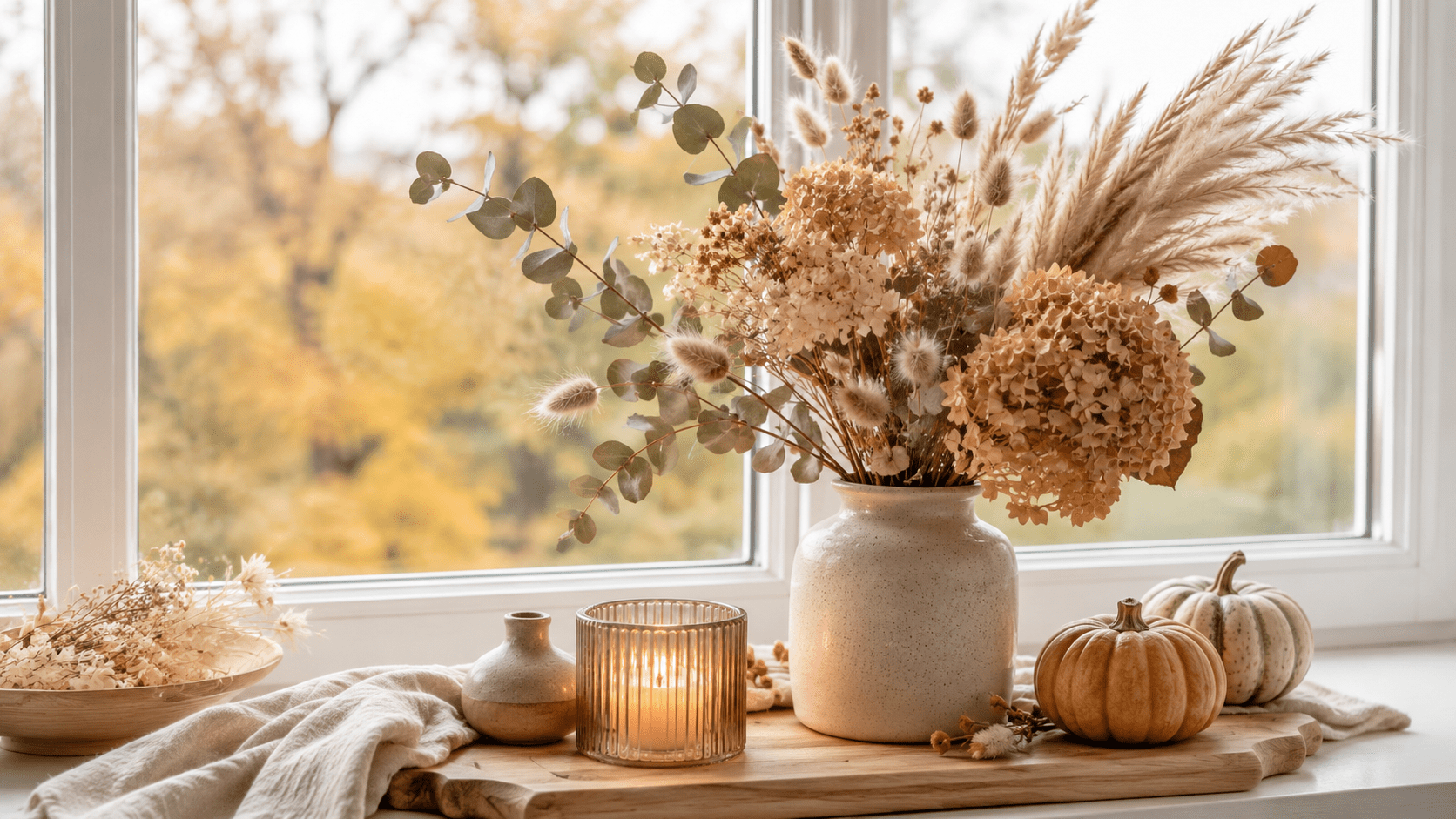 Herbstlich dekorierte Fensterbank mit großer Keramikvase voller Trockenblumen aus Hortensien, Eukalyptus, Lagurus und Pampasgras, dazu Holzbrett, Leinentuch, leuchtende Kerze und zwei kleine Zierkürbisse im warmen Tageslicht.