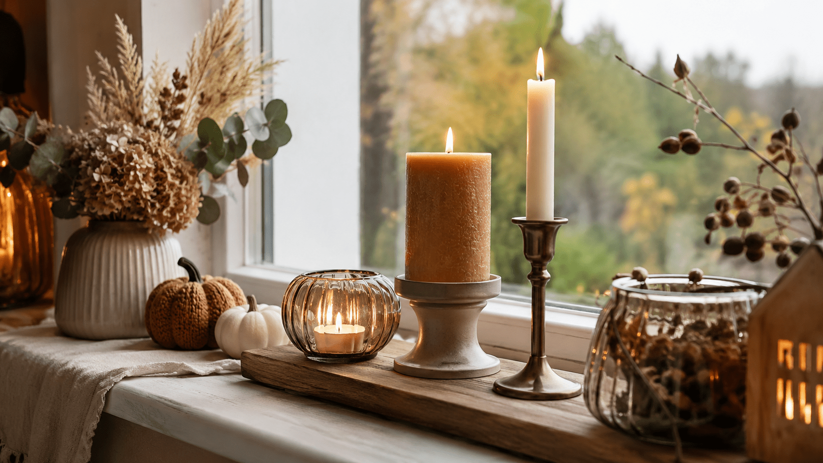 Herbstlich dekorierte Fensterbank mit Teelicht im Glas, cognacfarbener Stumpenkerze und schlanker Stabkerze in verschiedenen Höhen, kombiniert mit Holzbrett, Leinentuch, Trockenblumen, kleinen Kürbissen und warmem Kerzenschein vor herbstlichem Fensterblick.