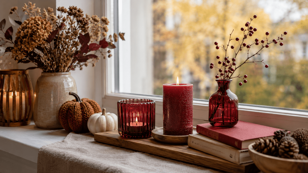 Herbstlich dekorierte Fensterbank mit Holzbrett, Leinentuch, Trockenblumen, kleinen Kürbissen und Kerzen, ergänzt durch eine kirschrote Glasvase, ein rotes Teelicht und ein Buch mit rotem Einband als warmer Akzent vor goldenem Herbstblick.