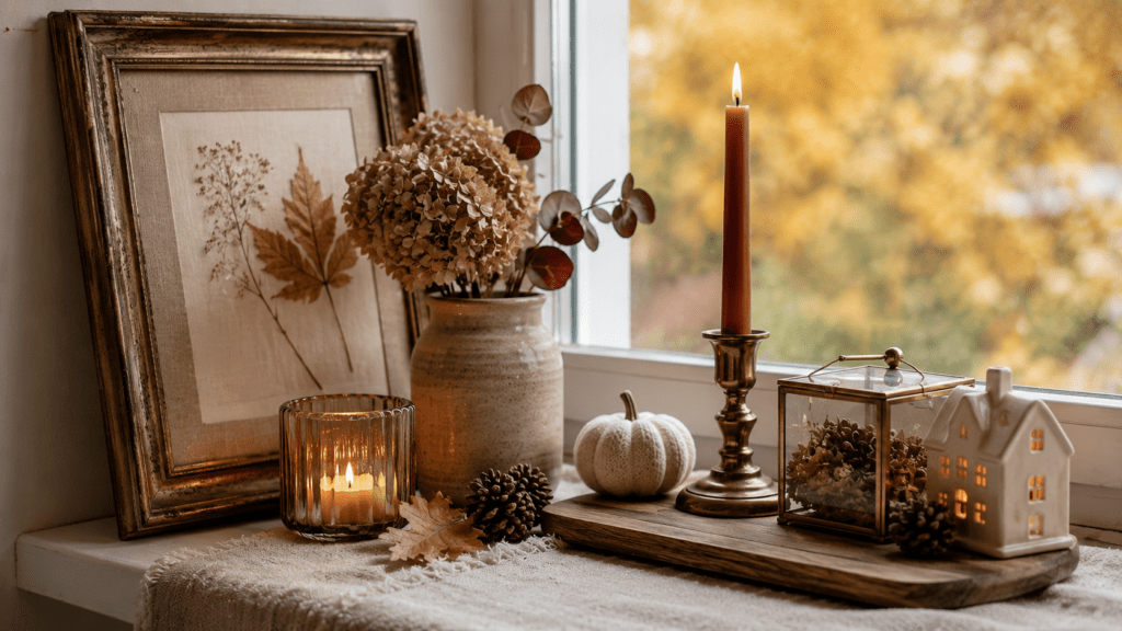 Herbstlich dekorierte Fensterbank mit antikem Bilderrahmen, gepresstem Blattmotiv, Keramikvase mit Trockenblumen, Holztablett, Leinentuch, Kerzen, kleinen Kürbissen und Zapfen vor warmem Herbstlicht.