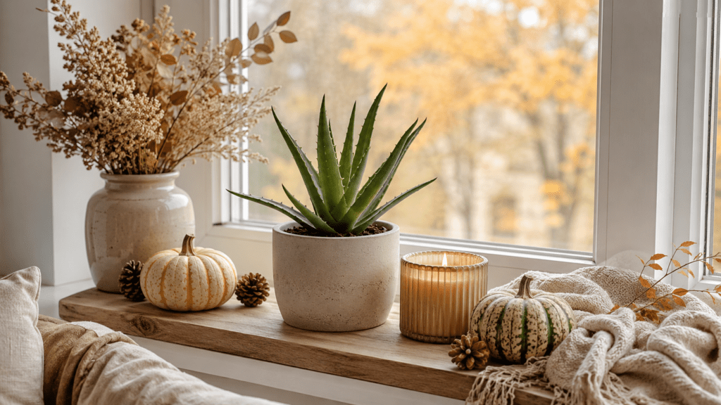 Herbstlich dekorierte Fensterbank mit Aloe vera im schlichten Keramiktopf, hellem Holzbrett, Leinentuch, Trockenblumen, kleinen Zierkürbissen, Zapfen und Kerze vor warmem Herbstlicht.