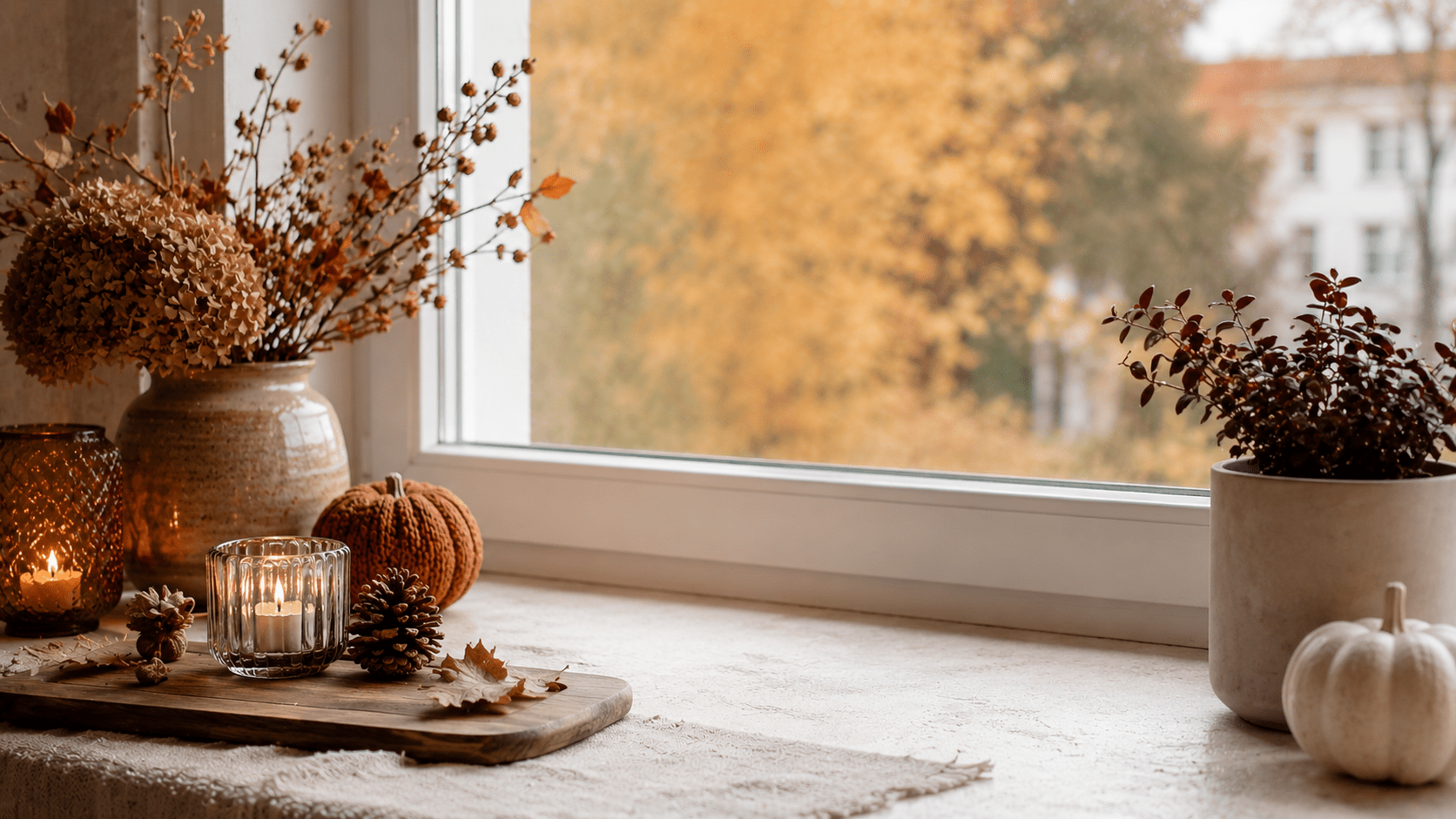 Herbstlich dekorierte Fensterbank mit viel freier Fläche, Holzbrett, Leinentuch, Kerzen, Trockenblumen, Zapfen, kleinen Kürbissen und einer schlichten Pflanze vor warmem Herbstlicht.