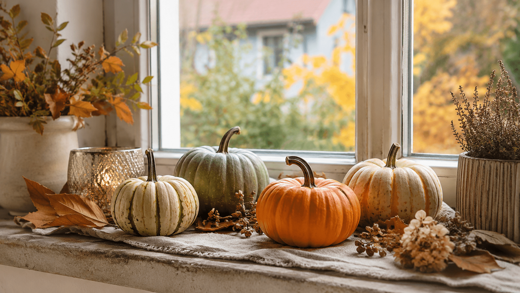 Herbstlich dekoriertes Fensterbrett mit ungerade arrangierten Mini Kürbissen in Creme, Salbeigrün und Orange, dazu Trockenblumen, Kerzenlicht, Leinentuch und warme Naturtöne.