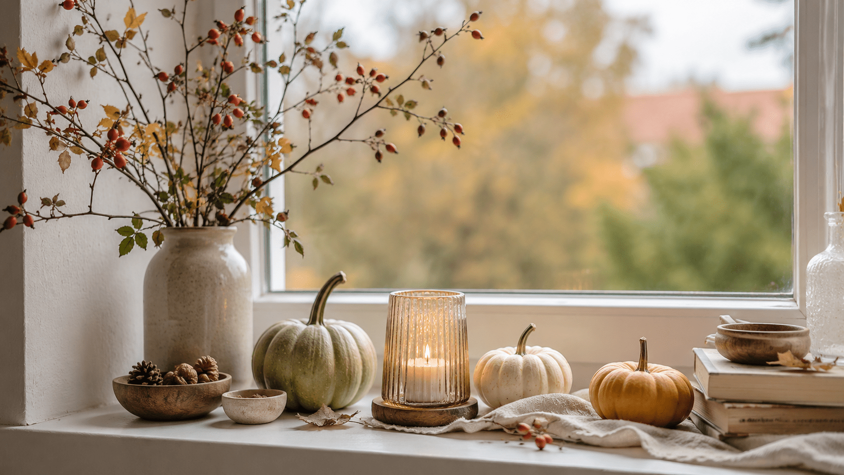 Herbstlich dekoriertes Fensterbrett mit hoher Keramikvase voller schief arrangierter Zweige mit Hagebutten, dazu Holzschalen, Glaswindlicht, Mini Kürbisse und Leinentuch in ruhigen Naturtönen.