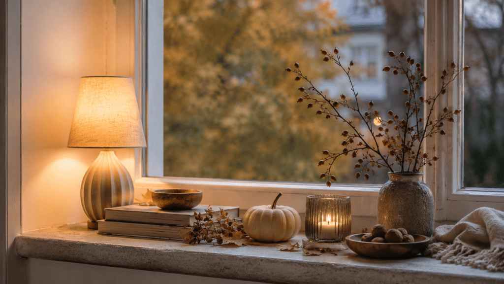 Herbstlich dekoriertes Fensterbrett bei Dämmerung mit kleiner leuchtender Tischlampe, Keramikvase mit Hagebuttenzweigen, Glaswindlicht, Mini Kürbis, Holzschale und weichem Textil in warmen Naturtönen.