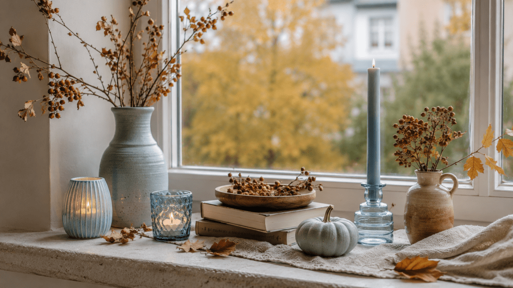 Herbstlich dekoriertes Fensterbrett mit pudrig blauer Vase, blauem Glaswindlicht und Kerzenhalter, kombiniert mit Holzschale, Hagebuttenzweigen, Mini Kürbis, Leinentuch und warmen Braun und Senftönen.