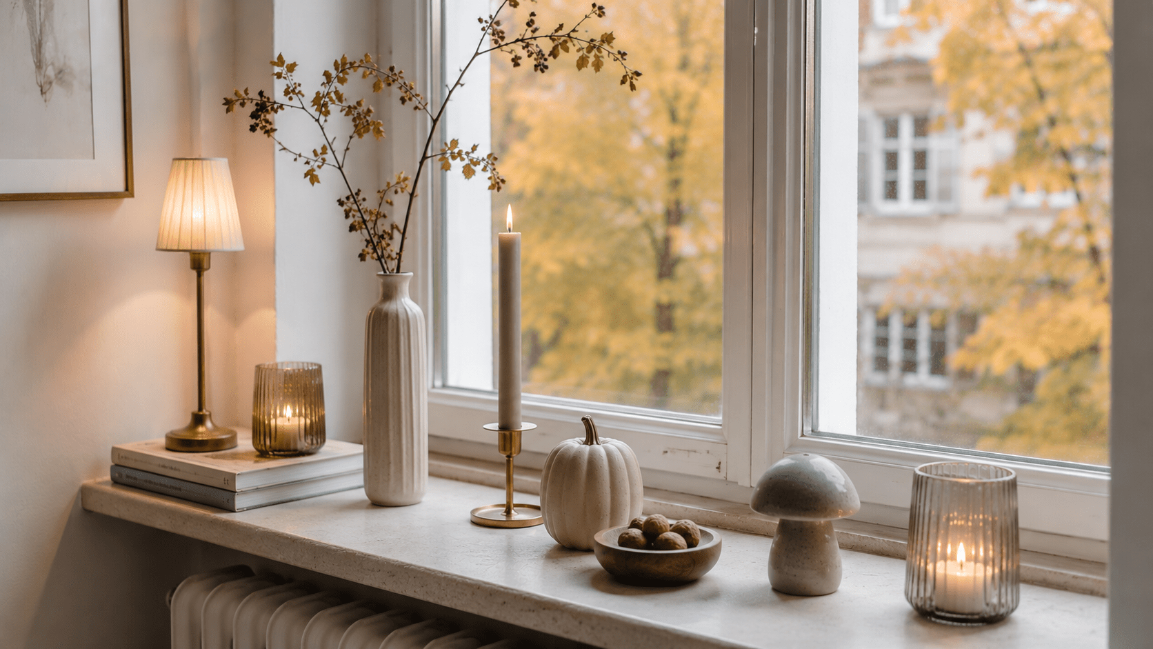 Schmale herbstlich dekorierte Fensterbank mit schlanker Keramikvase, einzelnem Zweig, hohem Kerzenhalter, kleiner Leuchte, Glaswindlichtern, Mini Kürbis und dezenten Naturmaterialien vor goldenem Herbstlaub.