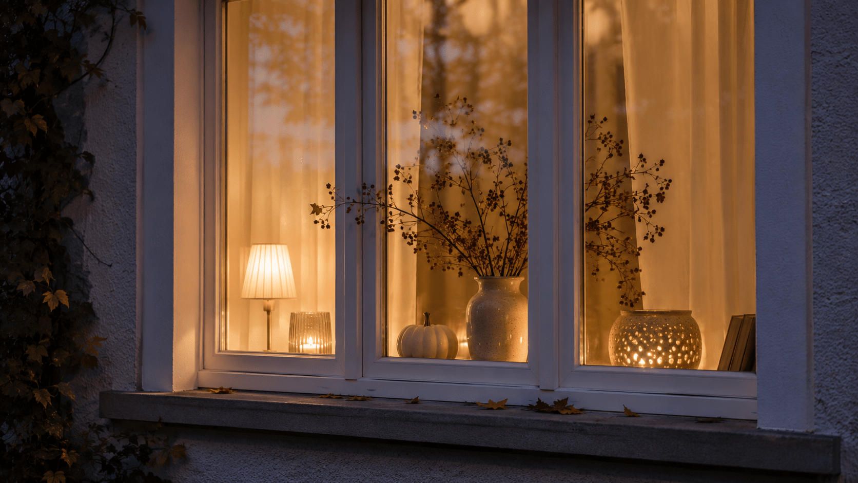 Herbstlich dekoriertes Fenster von außen bei Dämmerung mit warmer kleiner Leuchte, Glaswindlicht, heller Keramikvase mit Zweigen, Mini Kürbis und weichen Gardinen, die das Licht sanft reflektieren.