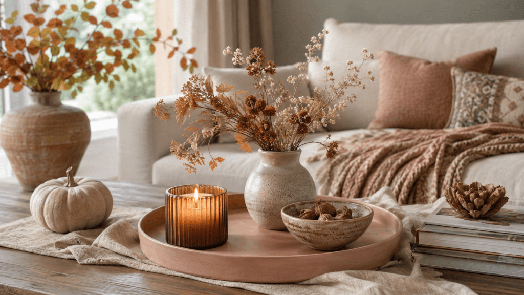 Hyperrealistische Herbstdeko auf einem Couchtisch mit muted clay Tablett, Kerze, Keramikvase, Trockenblumen, Schale, hellem Kürbis und warmen Naturtönen im gemütlichen Wohnzimmer.