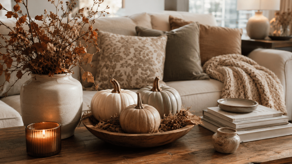 Herbstlich dekorierter Couchtisch mit drei kleinen Kürbissen in Creme, Taupe und Salbeigrün, arrangiert in einer Holzschale mit Kerze, Keramikvase, Trockenblumen und neutraler Wohnzimmerdeko.