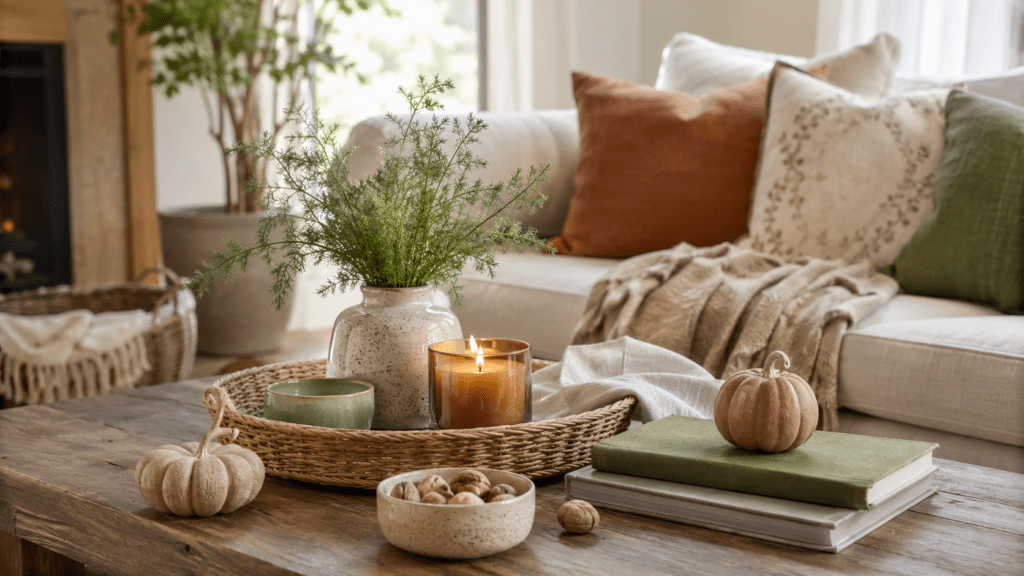 Hyperrealistisch dekorierter Couchtisch mit Rattantablett, Keramikvase, Kerze, kleinen Kürbissen und dezenten Dillgrün Akzenten in einer warmen herbstlichen Wohnzimmerecke.