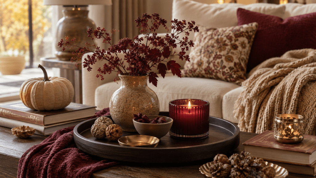 Hyperrealistische Herbstdeko auf einem Couchtisch mit dunklem Tablett, burgunderroter Kerze, Keramikvase mit tiefroten Zweigen, goldenen Akzenten, Büchern, hellem Kürbis und gemütlichem Wohnzimmer in warmen Naturtönen.