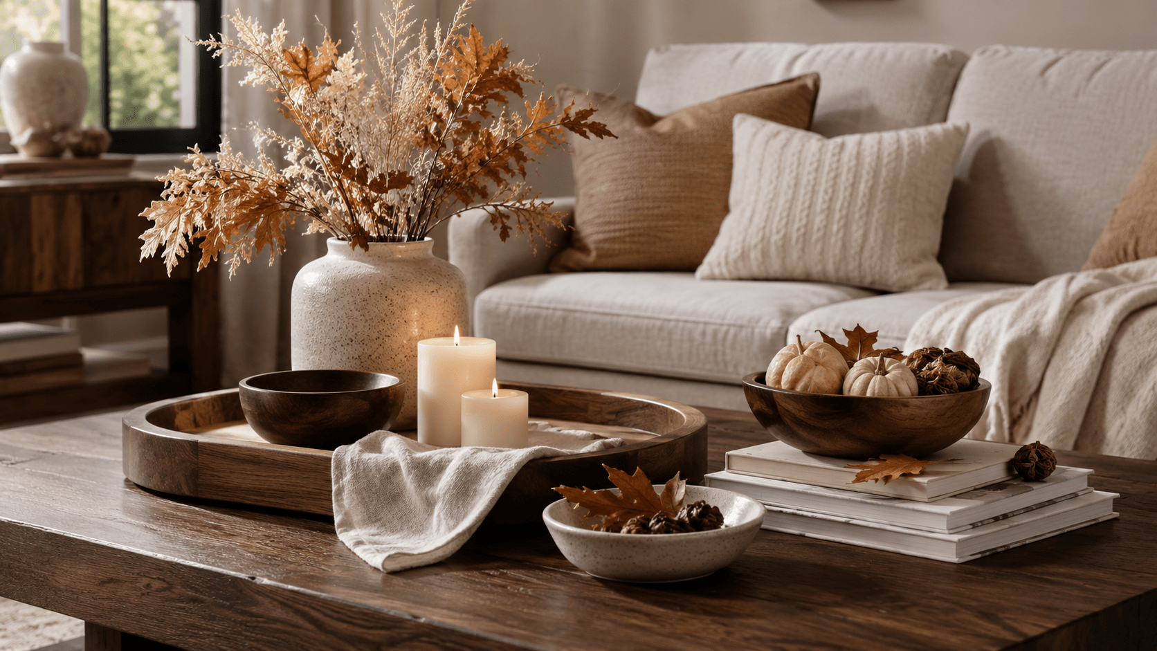 Herbstlich dekorierter Couchtisch aus dunklem Holz mit rundem Holztablett, cremefarbenen Kerzen, heller Keramikvase mit Trockenblumen, Leinentuch und einer Holzschale mit kleinen Zierkürbissen in einem warmen, neutralen Wohnzimmer.