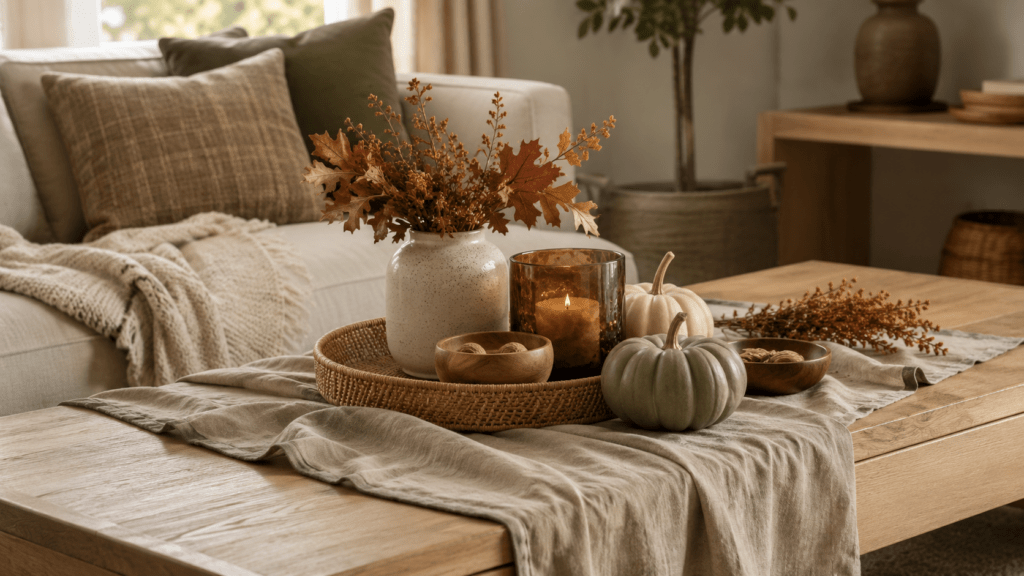 Herbstlich dekorierter Couchtisch mit locker drapiertem Leinentuch, Rattantablett, Keramikvase, Kerze, Holzelementen und kleinen Kürbissen in warmen Naturtönen.