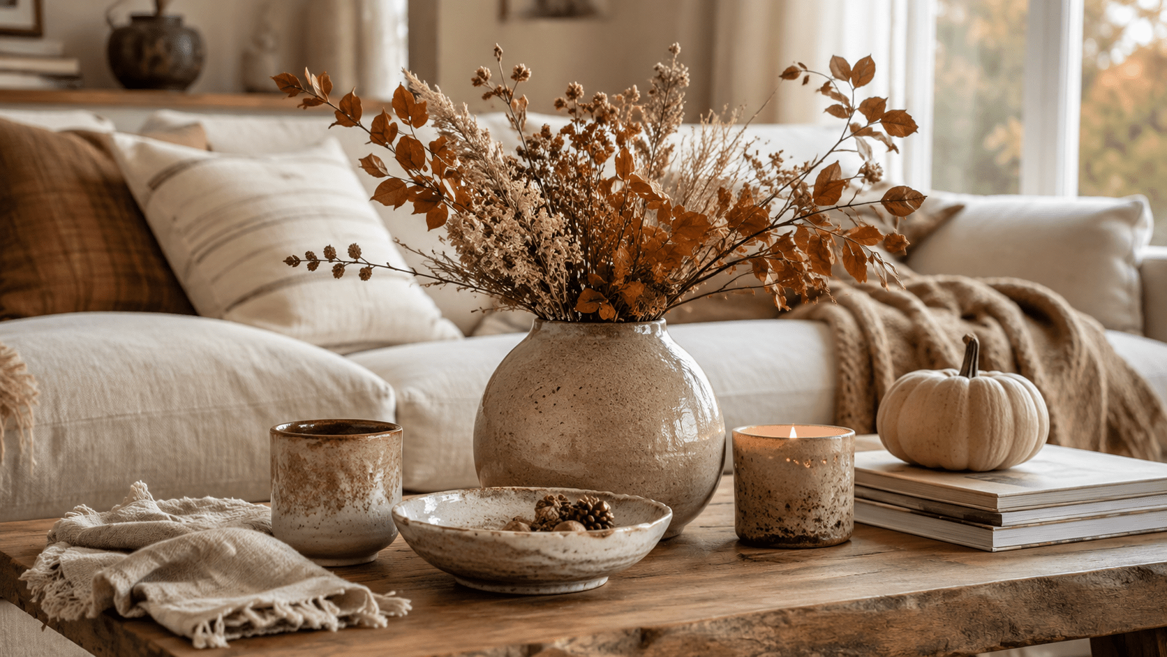 Hyperrealistische Herbstdeko auf einem Couchtisch mit bauchiger Keramikvase in Sandton, Trockenblumen, rustikaler Tonschale, unregelmäßig glasierter Keramik, Kerze, hellem Kürbis und gemütlichem Wohnzimmer in warmen Naturfarben.