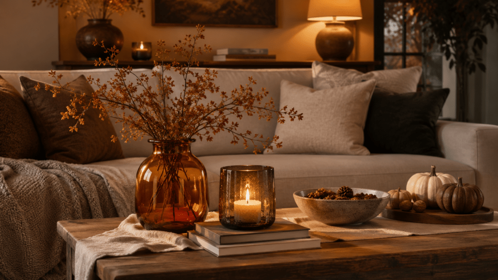 Herbstlich dekorierter Couchtisch im Wohnzimmer mit bernsteinfarbener Glasvase, Rauchglas Windlicht mit Kerze, Leinentuch, Holztablett, kleiner Schale und Zierkürbissen in warmem Licht vor einem beigen Sofa.