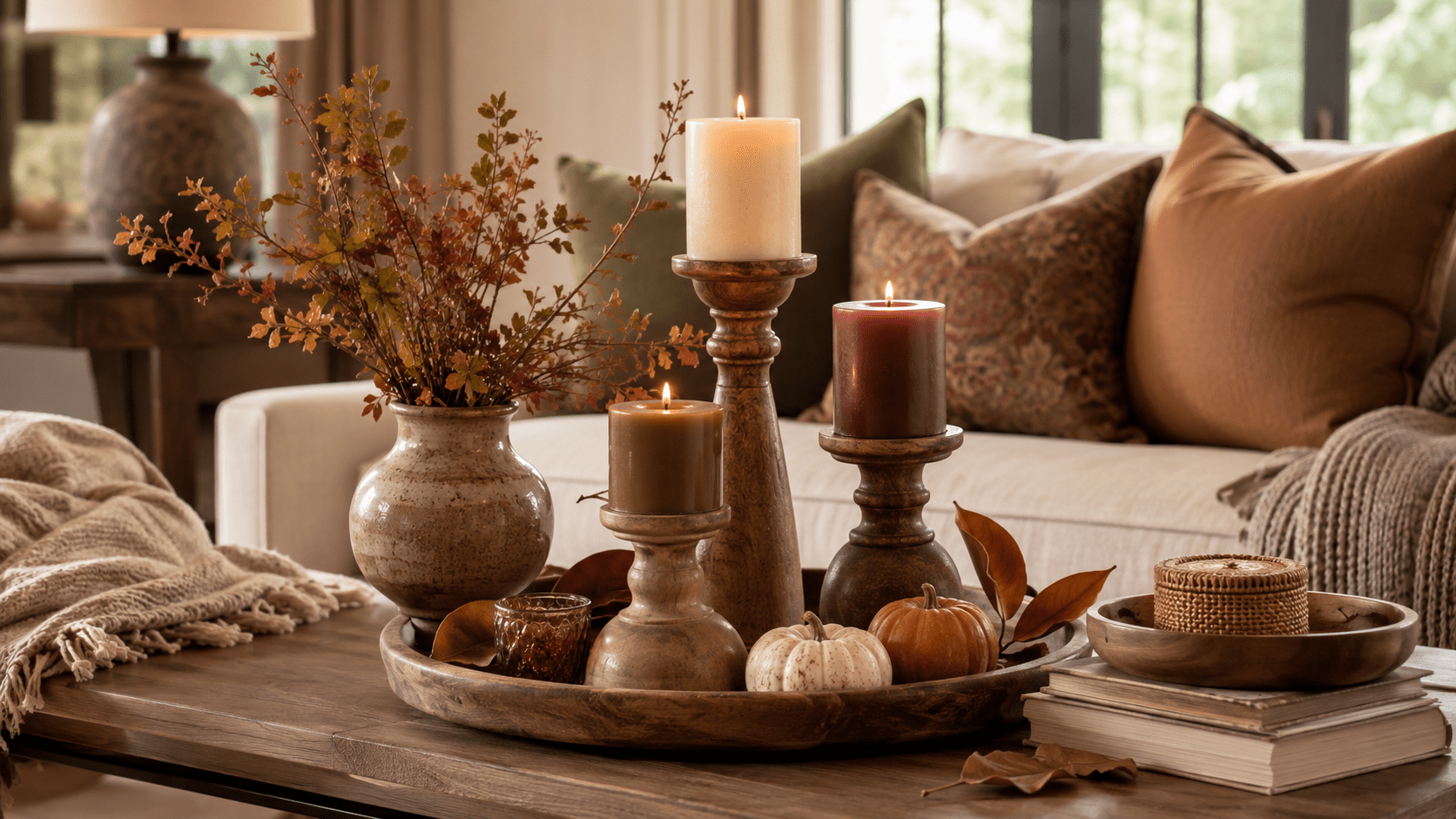 Herbstlich dekorierter Couchtisch mit drei Kerzen in unterschiedlichen Höhen, Holztablett, Keramikvase, kleinen Kürbissen und warmen Naturtönen im gemütlichen Wohnzimmer.