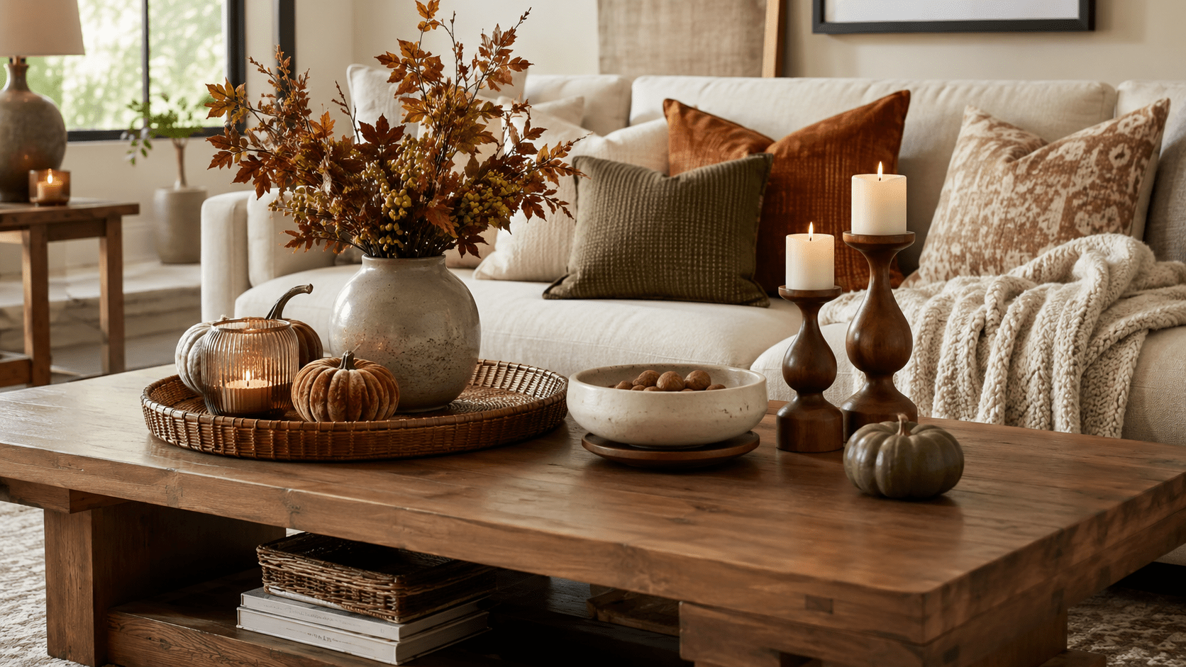Herbstlich dekorierter rechteckiger Couchtisch mit rundem Rattantablett, bauchiger Keramikvase, runden Schalen, geschwungenen Kerzenhaltern und kleinen Kürbissen in warmen Naturtönen.