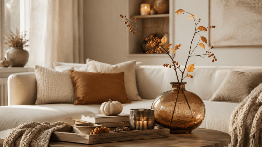 Herbstdeko auf einem Couchtisch mit bauchiger bernsteinfarbener Vase, einzelnem herbstlichen Ast mit Beeren und Blättern, Holztablett, Büchern, Kerze, kleinem hellem Kürbis und gemütlichem Wohnzimmer in warmen Naturtönen.