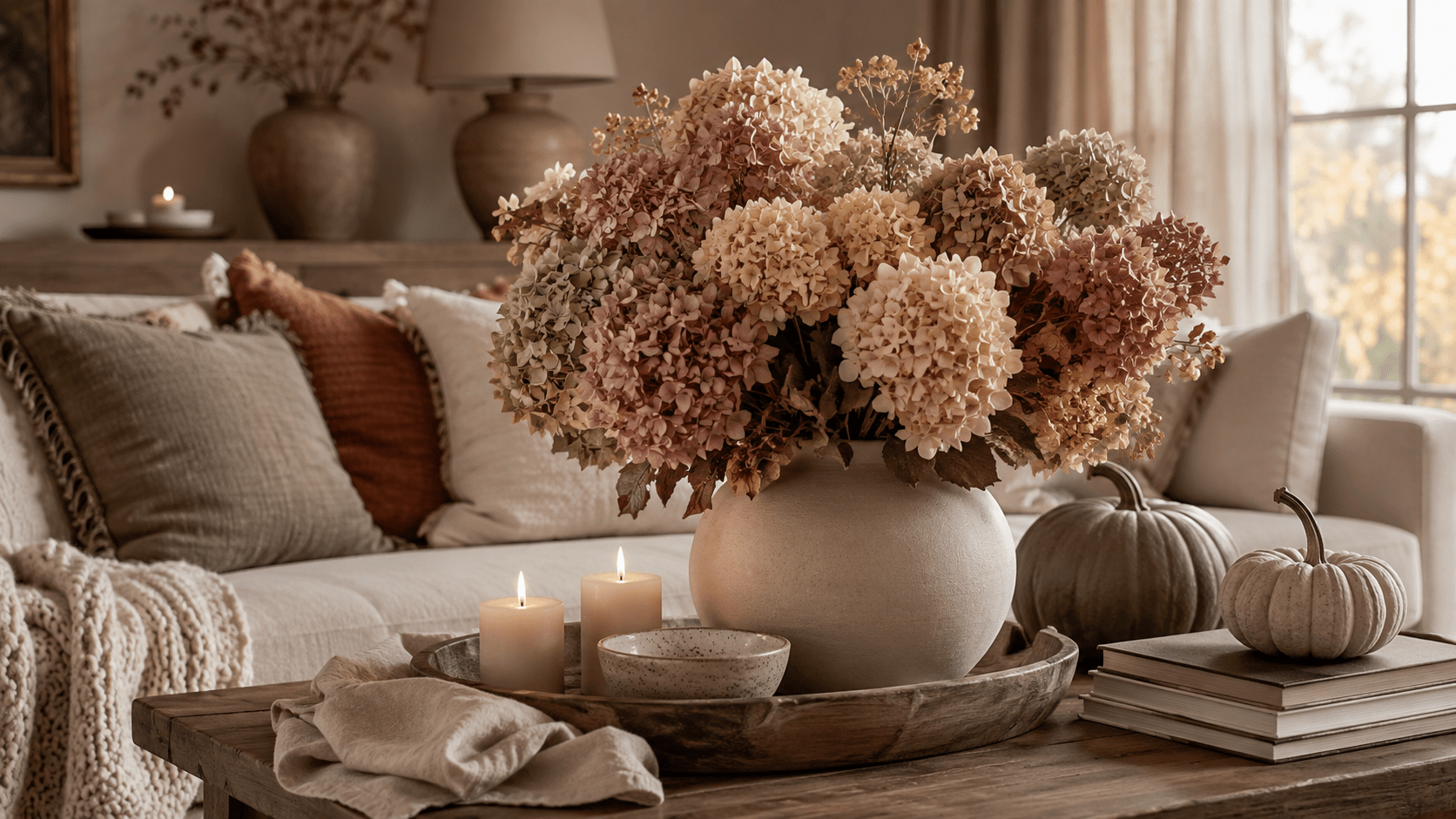 Herbstlich dekorierter Couchtisch mit üppigem Strauß aus getrockneten Hortensien in Creme, Altrosa, Salbei und Toffee in einer matten Vase, kombiniert mit Holztablett, Kerzen, Leinentuch, Bildbänden und kleinen Zierkürbissen in einem warmen Wohnzimmer.