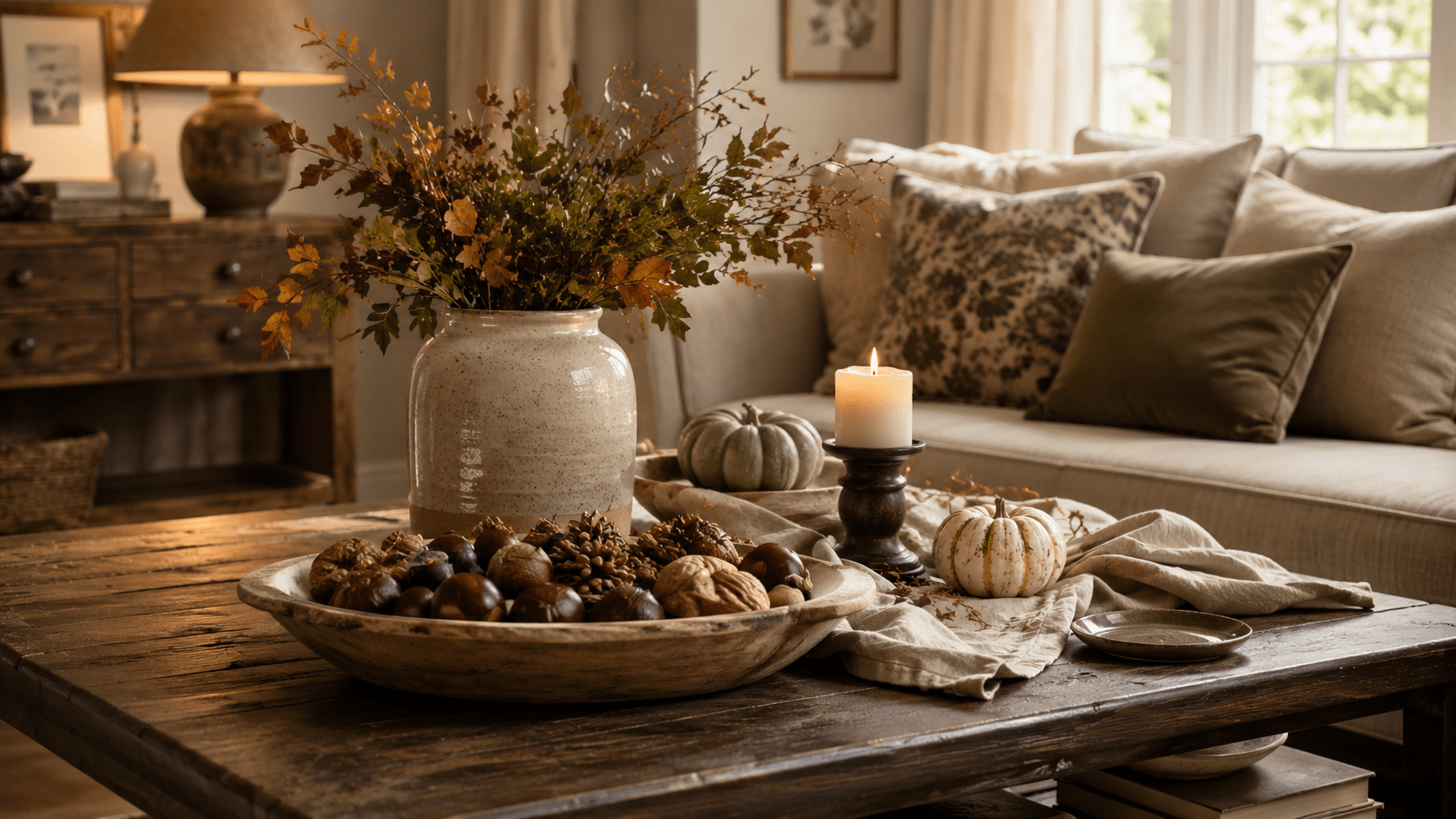 Herbstlich dekorierter Couchtisch aus dunklem Holz mit flacher Schale voller Kastanien, Eicheln, Zapfen und Walnussschalen, dazu Leinentuch, Keramikvase, einzelne Kerze und kleine Kürbisse.