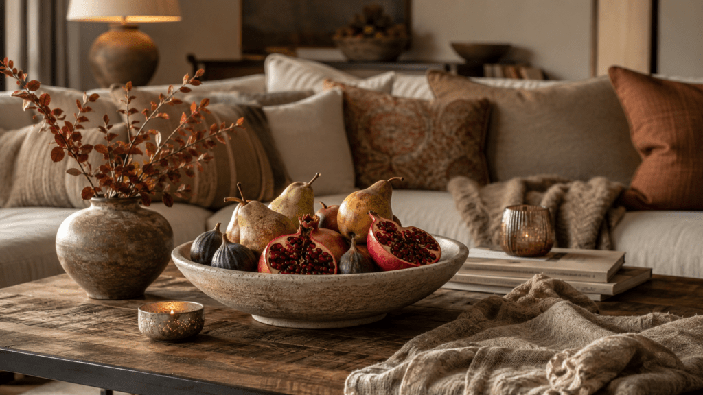 Hyperrealistische Herbstdeko auf einem Couchtisch mit großer Keramikschale voller Birnen, Feigen und aufgeschnittenem Granatapfel, rustikaler Vase mit herbstlichen Zweigen, Kerzenlicht, Büchern und gemütlichem Wohnzimmer in warmen Naturtönen.